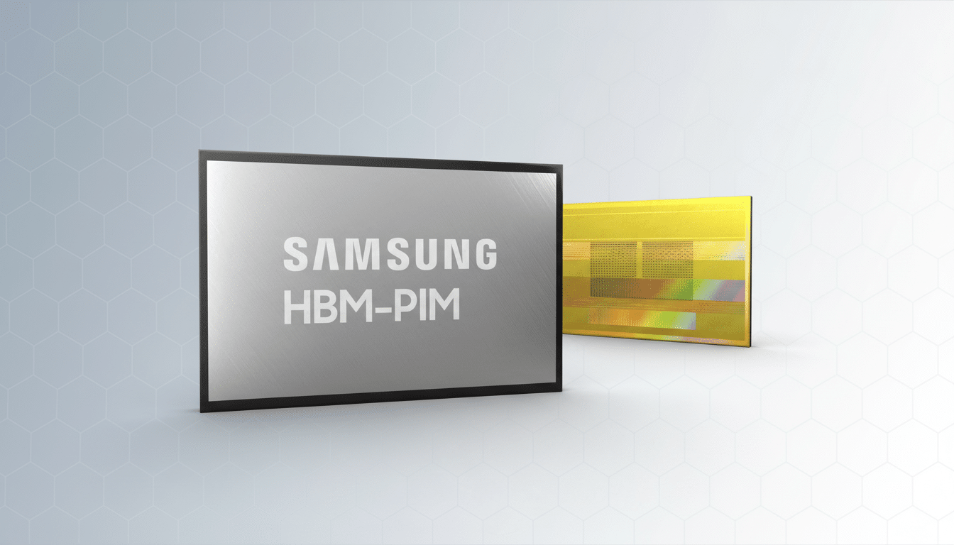 A Samsung HBM-PIM chip with a silver top and a gold-colored chip behind it, set against a light gray background with a subtle hexagonal pattern.