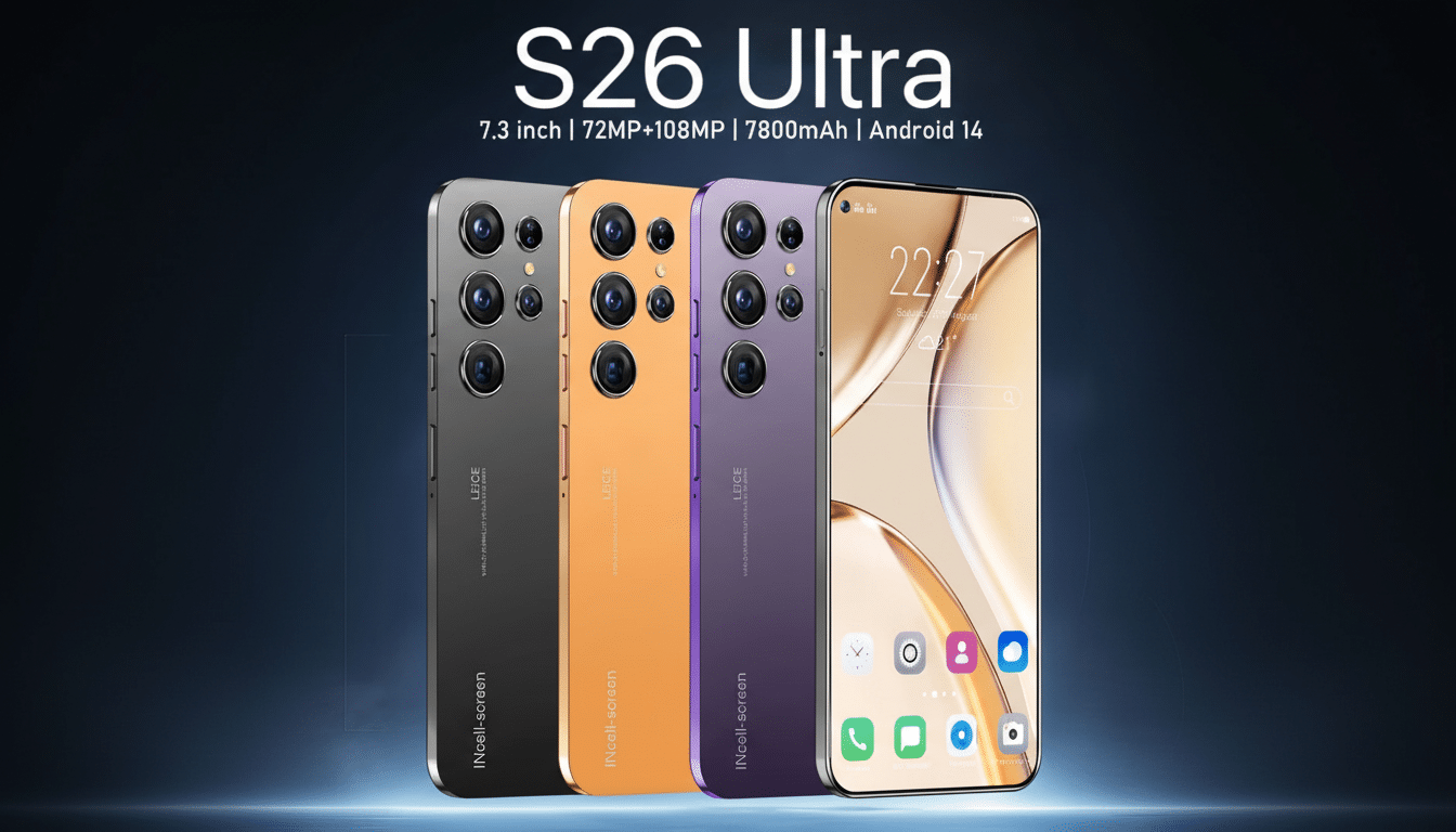 Four S26 Ultra smartphones in black, orange, purple, and silver, displayed against a dark background with a subtle blue glow, showcasing their design and screen.