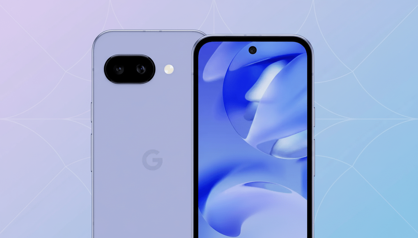 A professional 16:9 aspect ratio image of a light purple smartphone, showing both its front display with a punch-hole camera and its back with a dual-camera setup and a Google logo, against a soft gradient background with subtle geometric patterns.