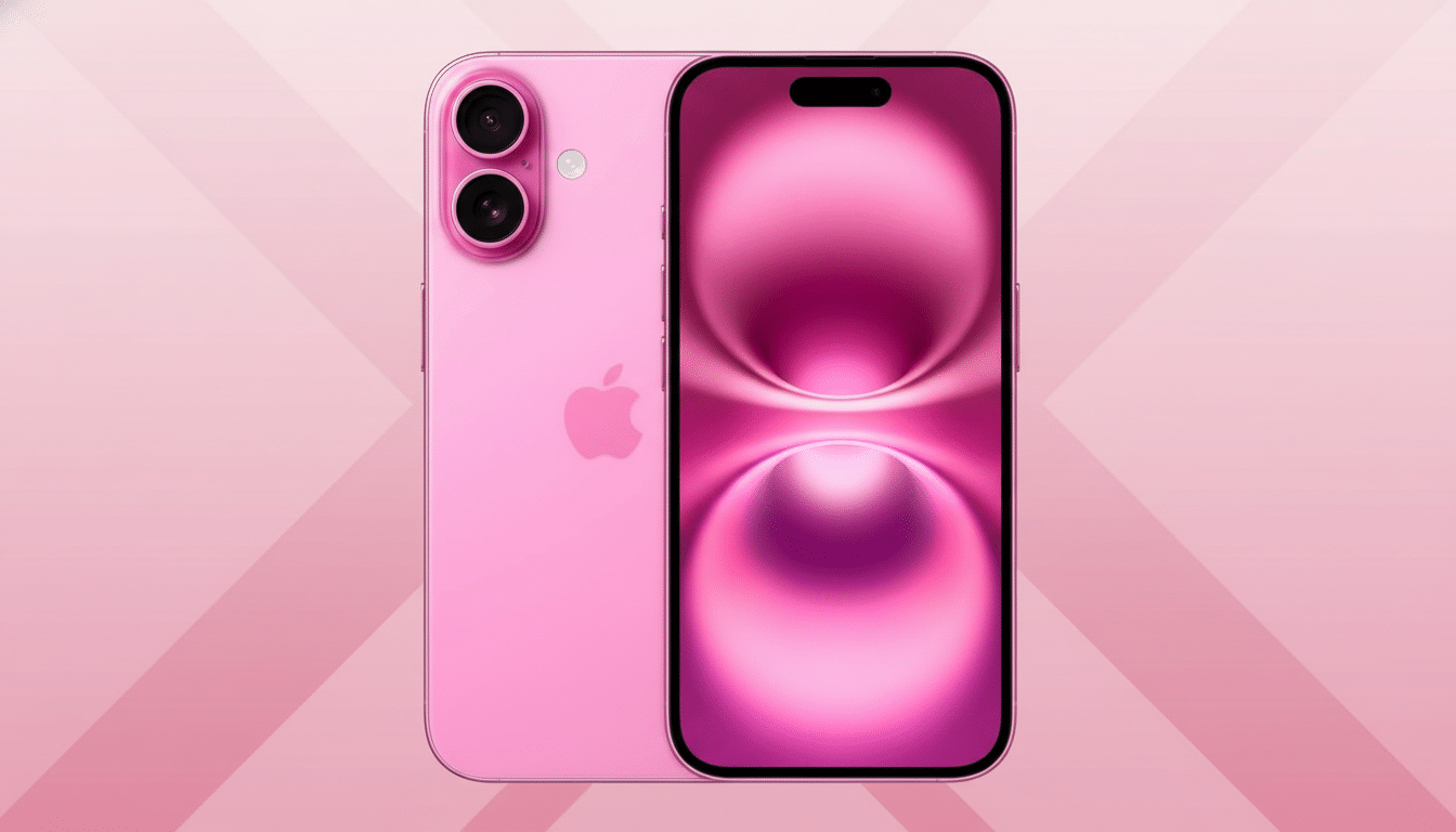 A pink smartphone with two cameras on the back and a screen displaying a pink abstract design, set against a light pink background with subtle geometric patterns.