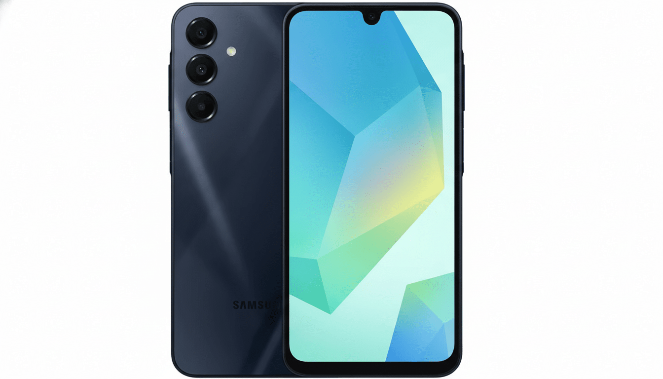 A dark blue Samsung smartphone is displayed at a slight angle, showing both the front screen with a geometric wallpaper and the back with a triple camera setup and the Samsung logo. The phone is set against a clean white background.