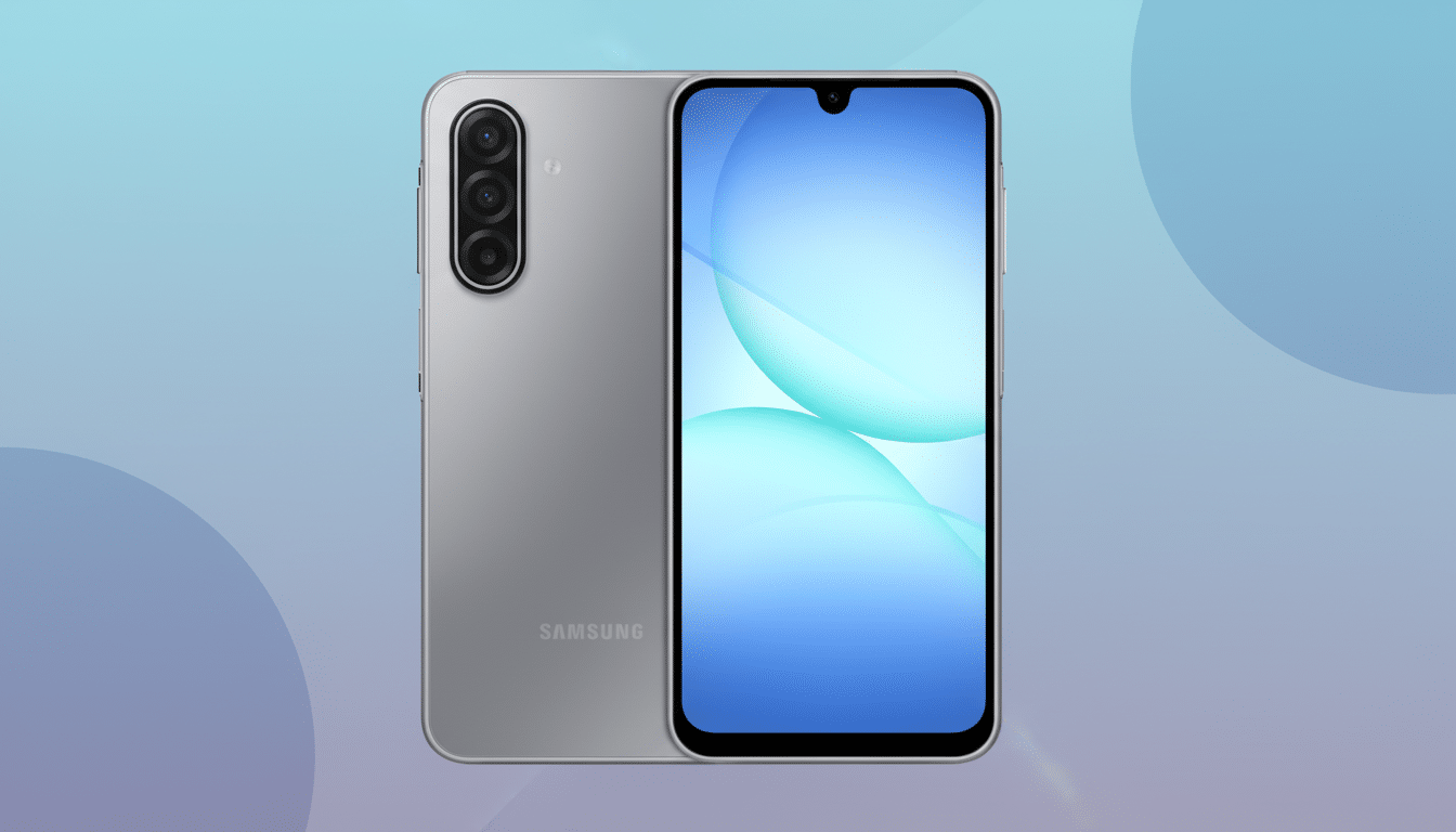 A silver Samsung smartphone, shown from the front and back, against a professional flat design background with soft blue and purple gradients.