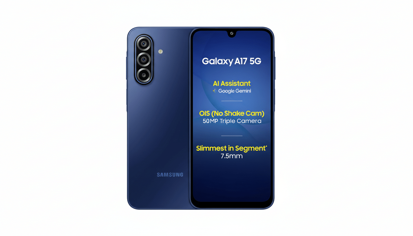 A blue Samsung Galaxy A17 5G smartphone, shown from the front and back, with product features displayed on the screen.
