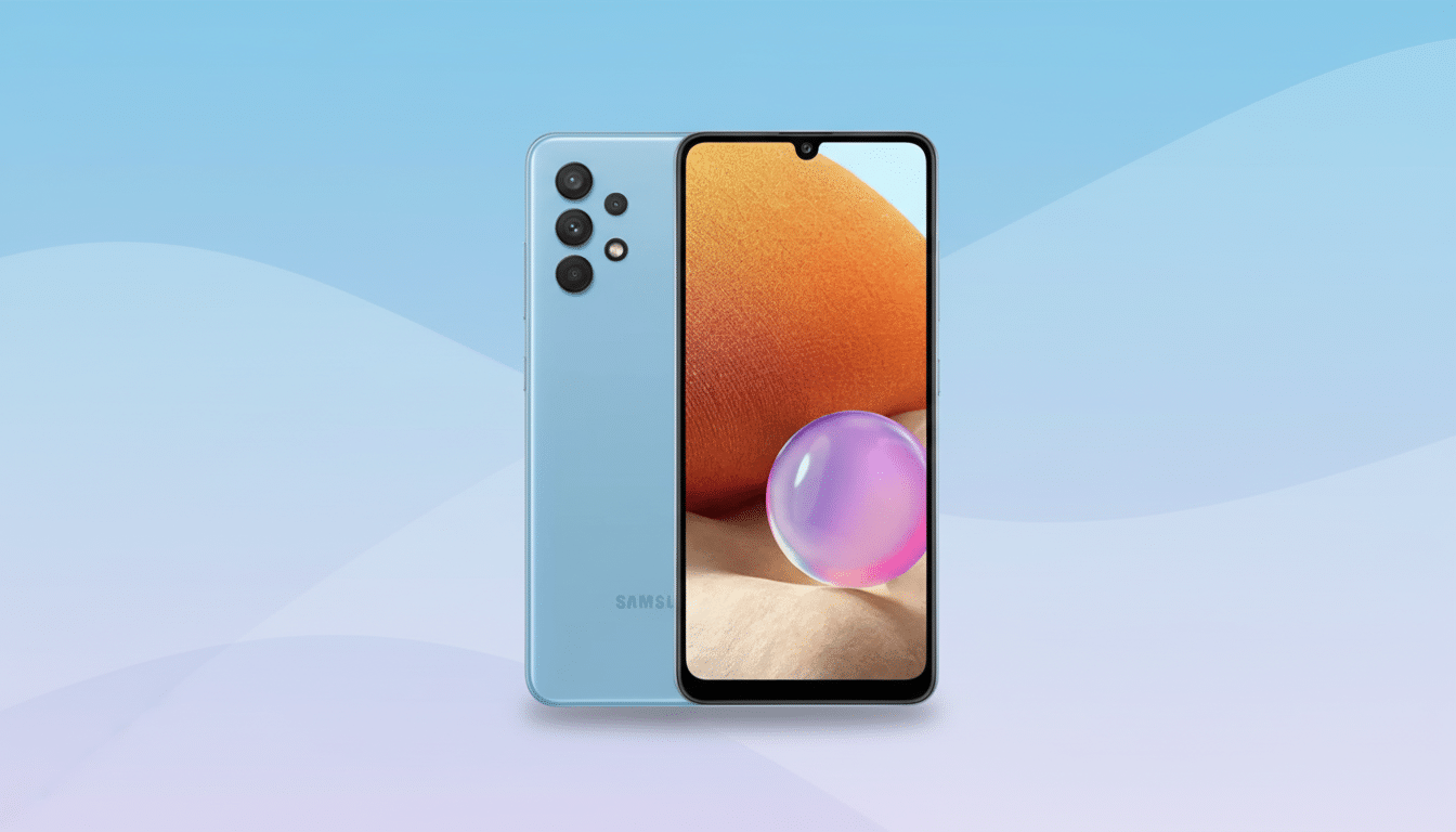 A light blue Samsung Galaxy A32 smartphone is displayed in a 16:9 aspect ratio. The phone is shown from the front and back, with the screen displaying an abstract image of an orange gradient and a purple and pink translucent sphere. The background is a professional flat design with soft blue and purple gradients and subtle wave patterns.