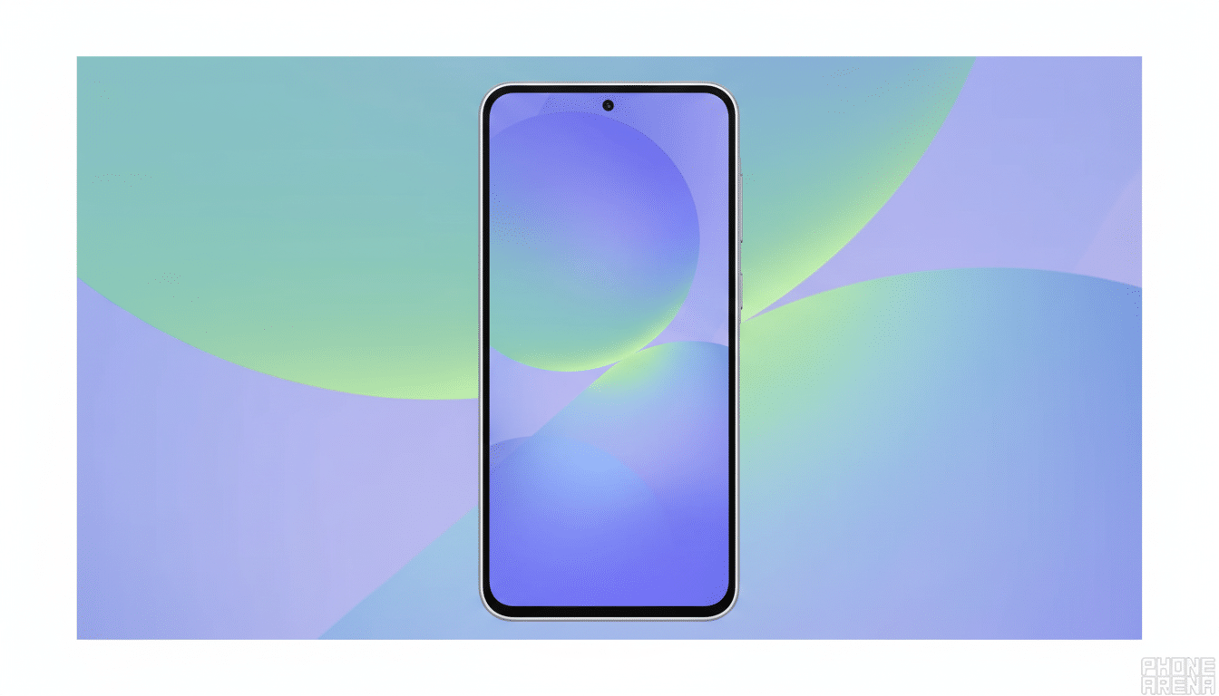 A smartphone with a purple and green abstract wallpaper, presented on a professional flat design background with soft patterns and gradients in a 16:9 aspect ratio.