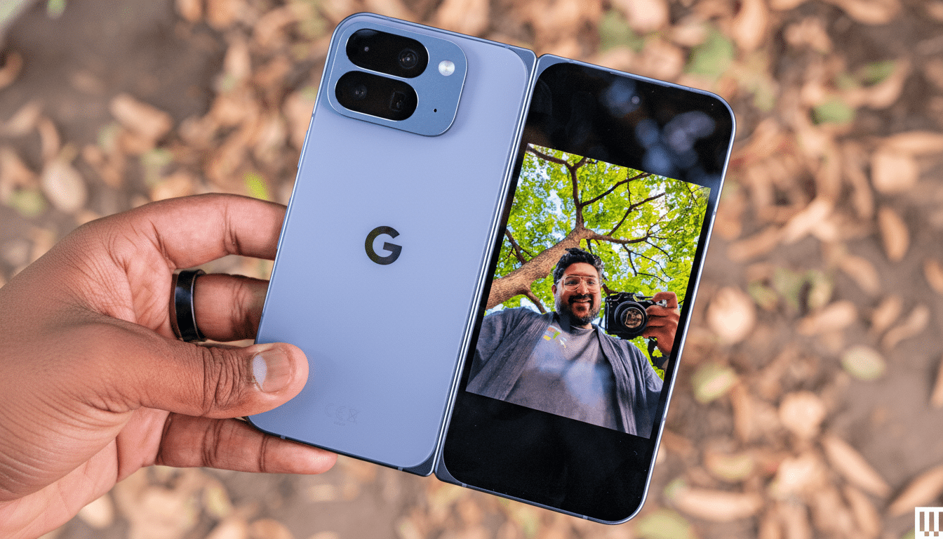 A person holding a light blue foldable smartphone with the Google logo on the back, displaying a selfie of a man holding a camera on its screen, against a blurred background of autumn leaves.