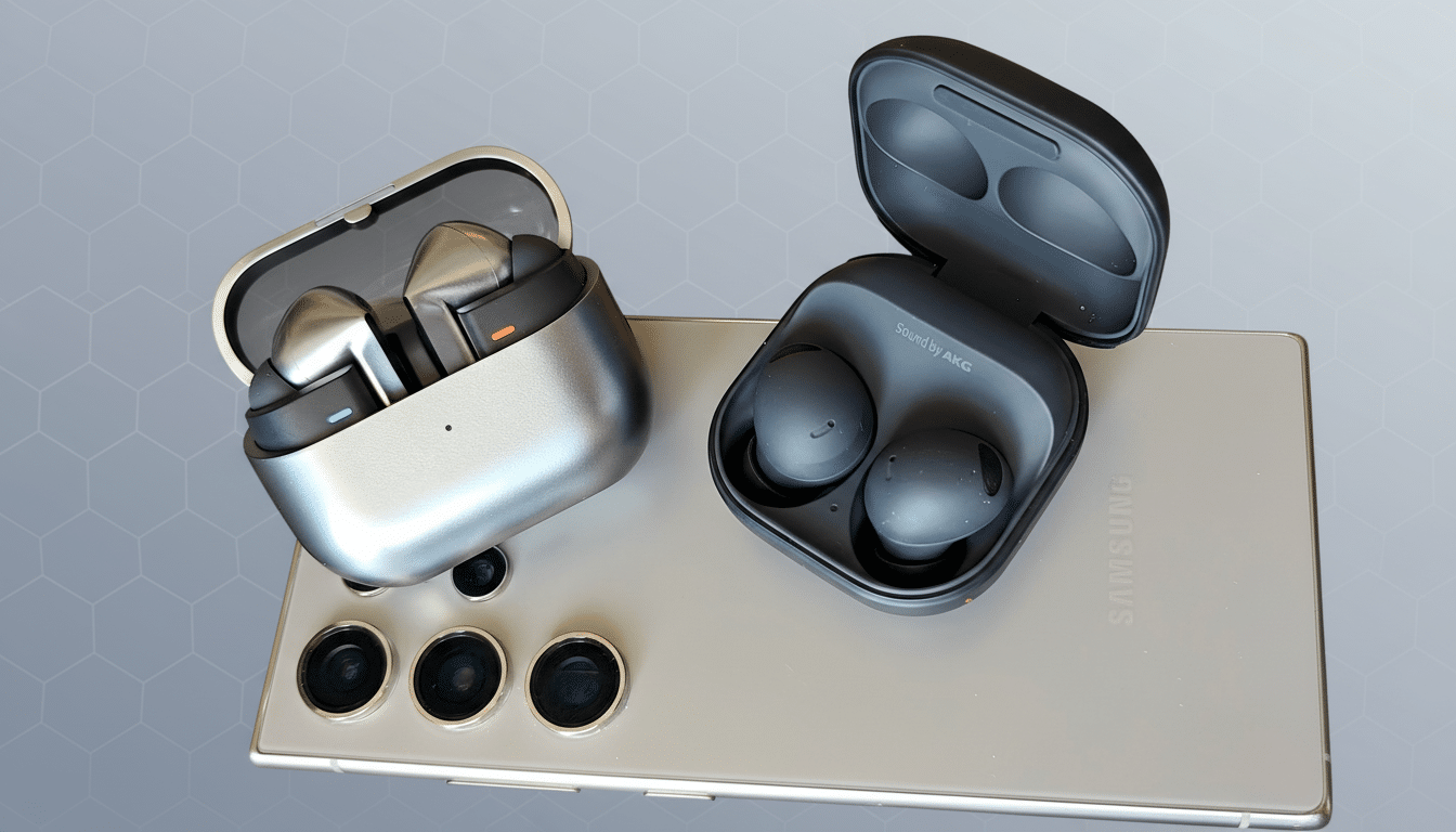 Two pairs of wireless earbuds, one silver and one black, resting on a silver smartphone.