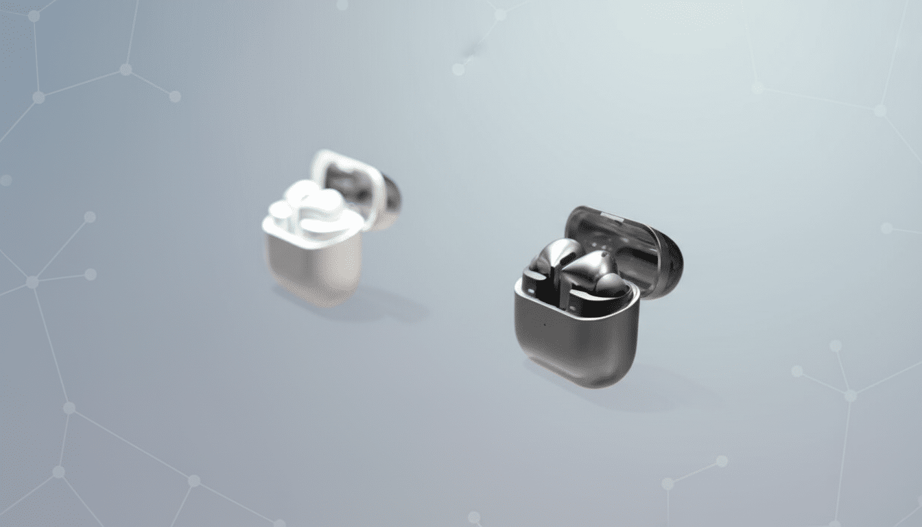 Two wireless earbuds, one white and one black, are shown in their open charging cases on a light gray surface with a subtle geometric pattern.