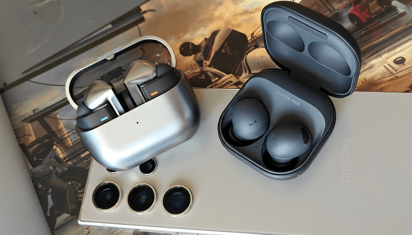 Two pairs of wireless earbuds, one silver and one black, resting on a Samsung smartphone.