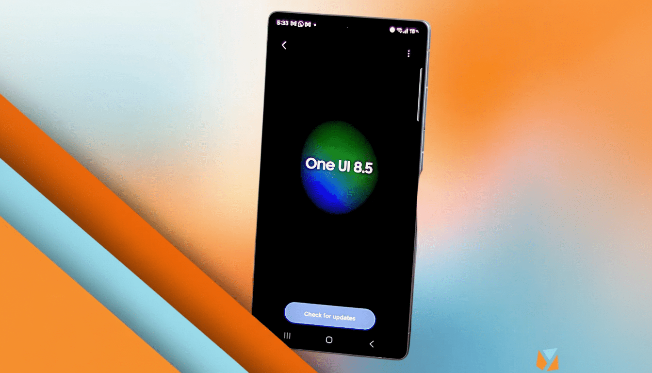 A smartphone displaying One UI 8.5 on a black screen, with a blurred orange and blue background.