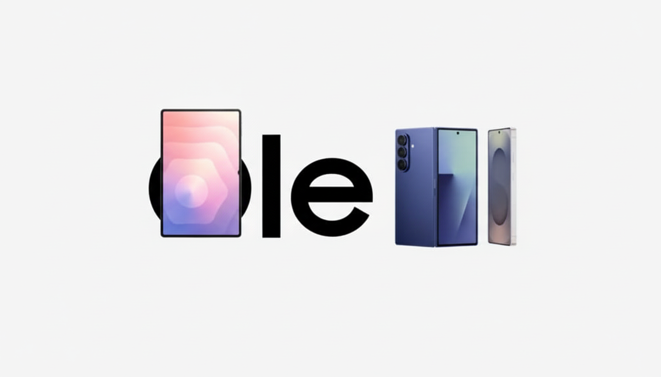A 16:9 aspect ratio image featuring the word ole in black, with the l replaced by a smartphone displaying a pink and purple gradient, and to the right, a blue foldable phone and a beige smartphone.
