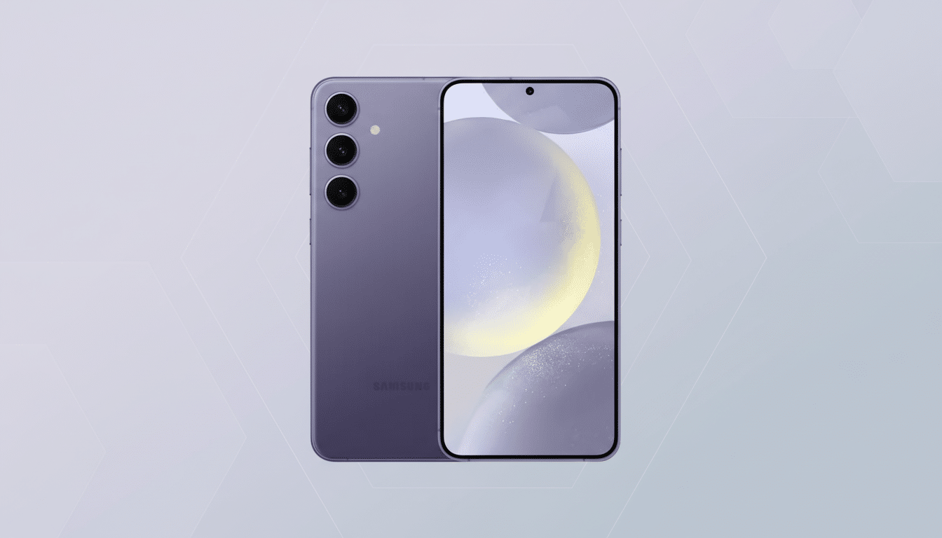 A purple Samsung smartphone is displayed on a light gray background with subtle geometric patterns. The phone is shown from the front and back, with the screen displaying abstract circular shapes.