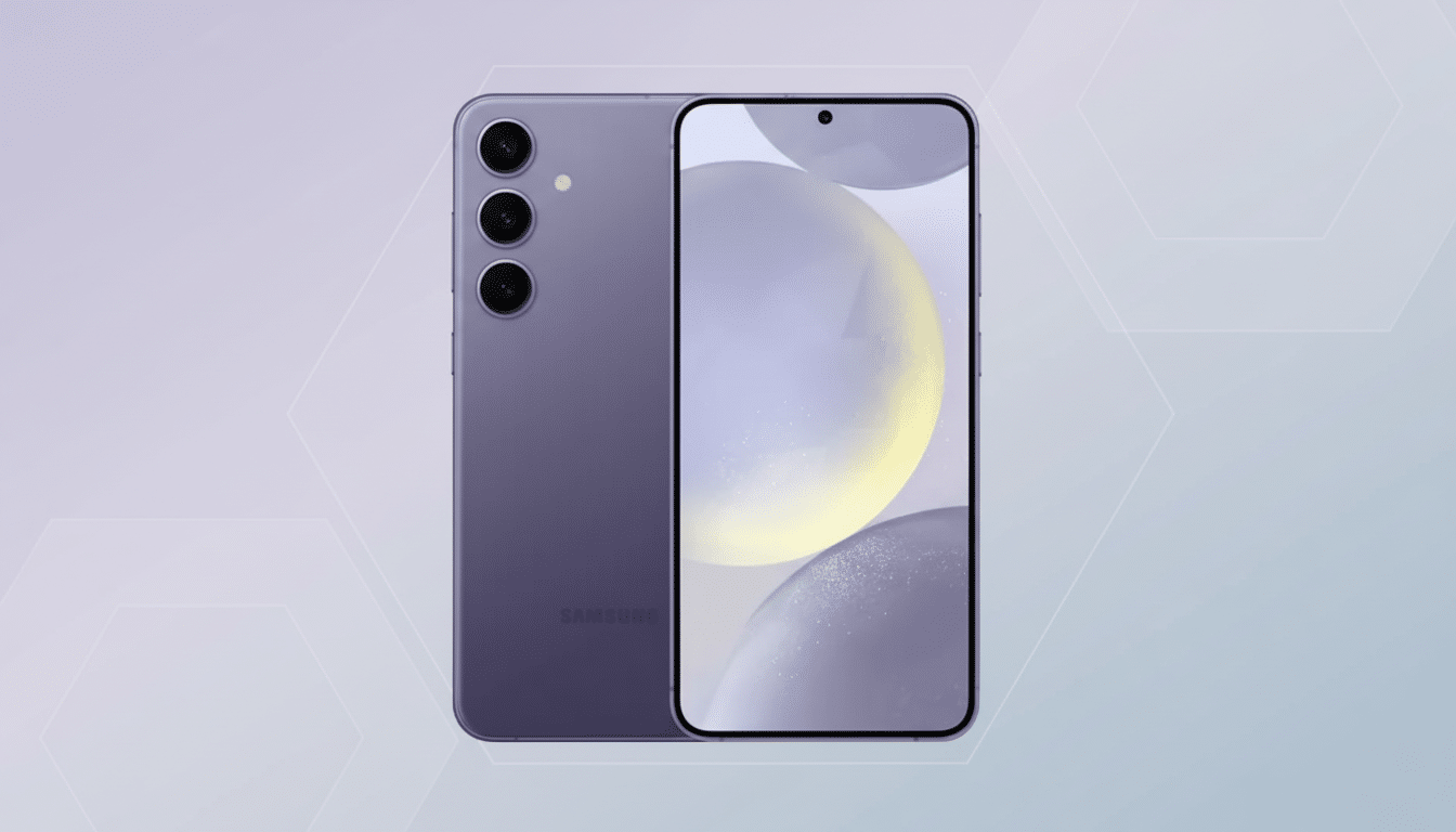 A purple Samsung smartphone is displayed against a professional flat design background with soft patterns and gradients.