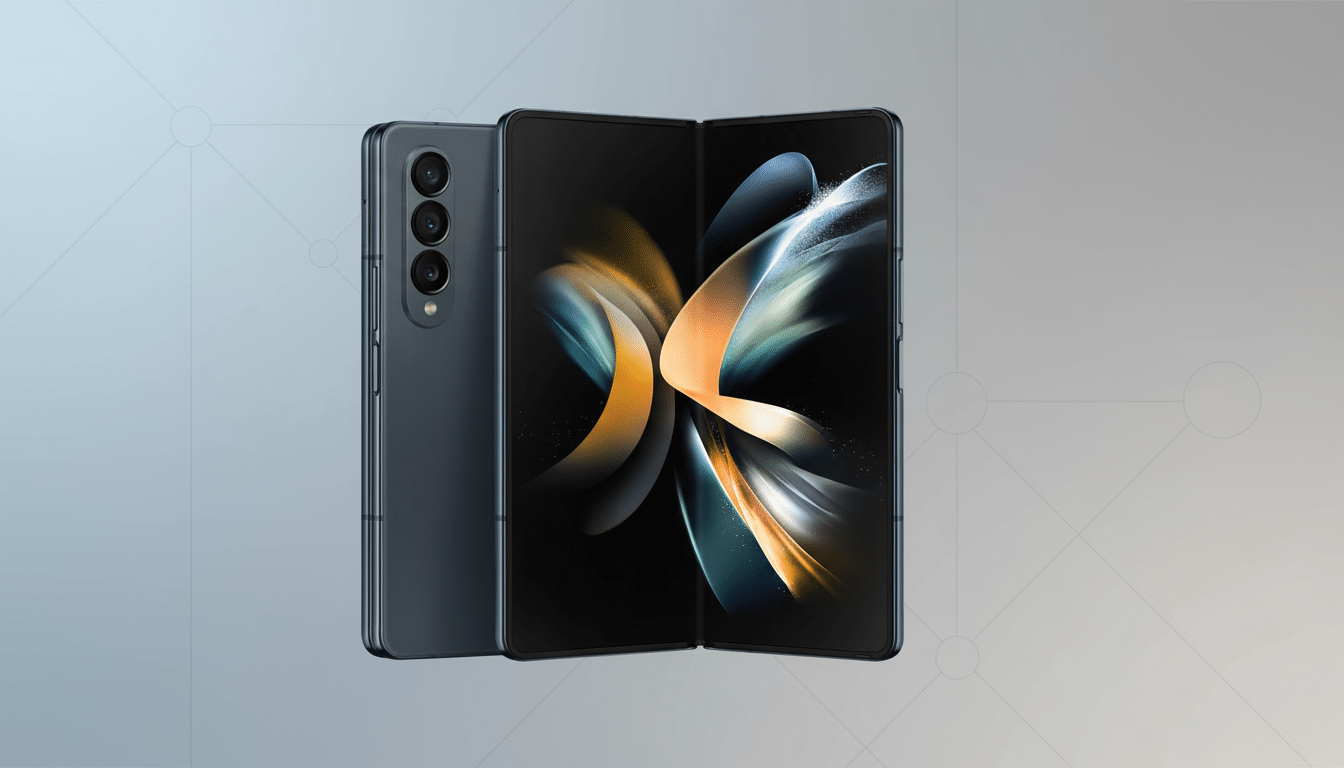 A dark gray Samsung Galaxy Z Fold 4 smartphone, with its screen displaying a colorful abstract wallpaper, is presented against a professional flat design background with soft patterns and gradients.