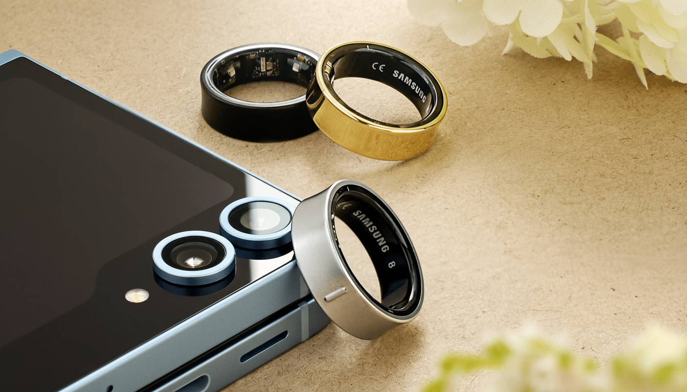 A close-up shot of three Samsung Galaxy Rings in black, gold, and silver, resting on a light blue smartphone with its camera lenses visible. The background is a textured light brown surface with a hint of white flowers in the upper right and lower right corners.