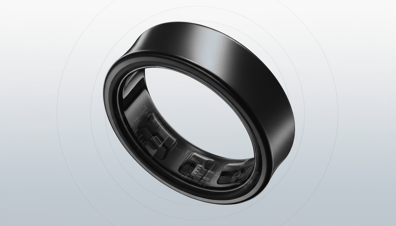 A sleek, black smart ring with visible internal components, presented on a professional light gray background with subtle circular patterns.