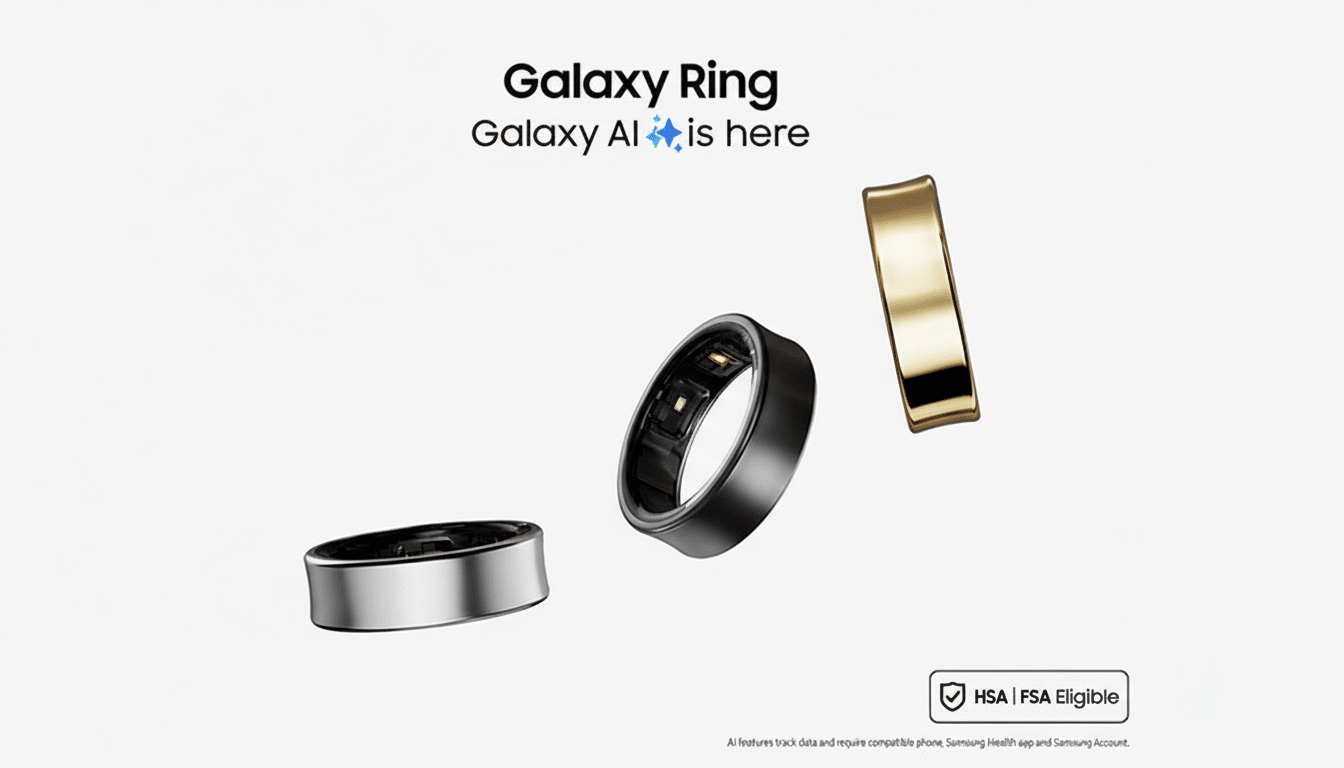 A 16:9 aspect ratio image of three Galaxy Rings in silver, black, and gold, with the text Galaxy Ring Galaxy AI is here and HSA | FSA Eligible on a white background.