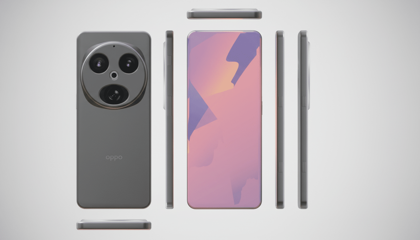 A professional flat design image of an OPPO smartphone, showcasing its front, back, and side views, with a soft gradient background.