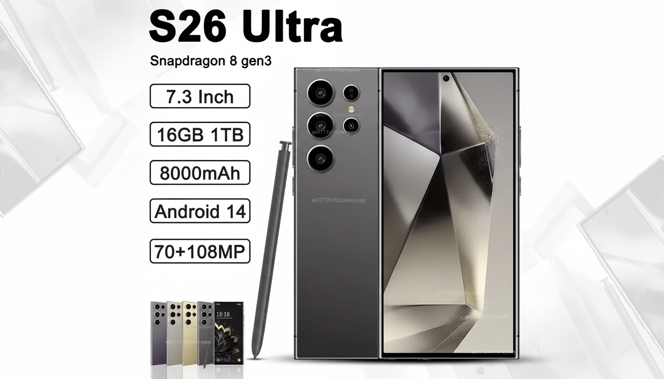 A professional image of the S26 Ultra smartphone in a 16:9 aspect ratio, featuring its specifications and a stylus.