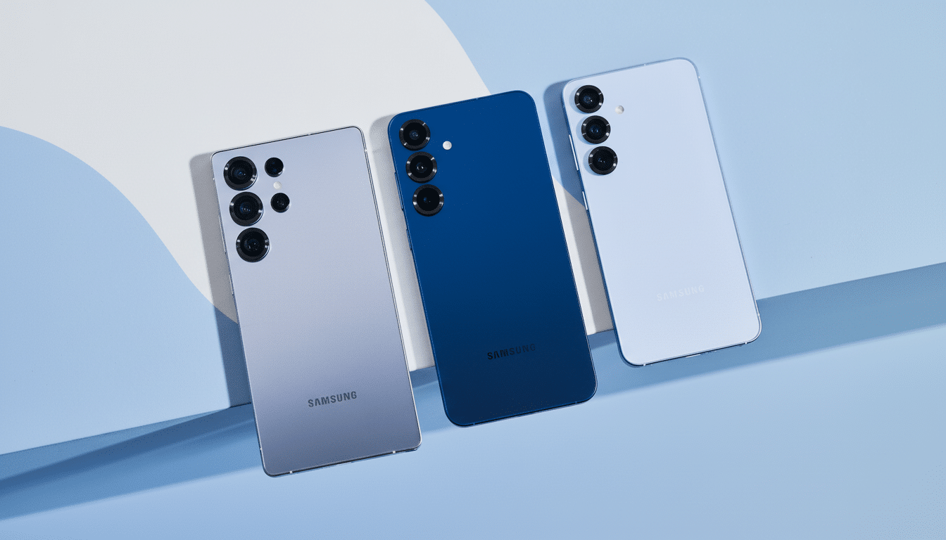 Three Samsung smartphones, one silver, one blue, and one light blue, are arranged diagonally on a light blue and white background.
