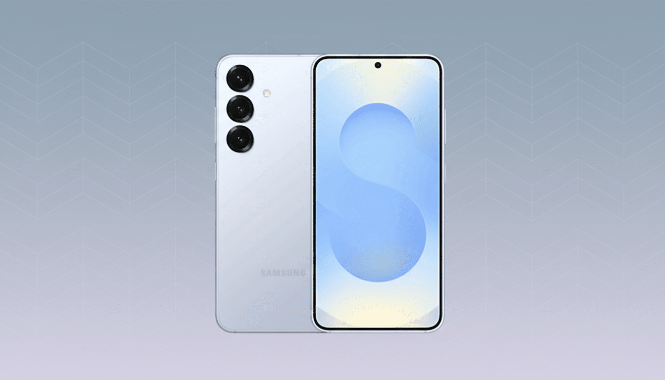 A light gray Samsung smartphone, shown from the front and back, against a professional flat design background with soft gray patterns.