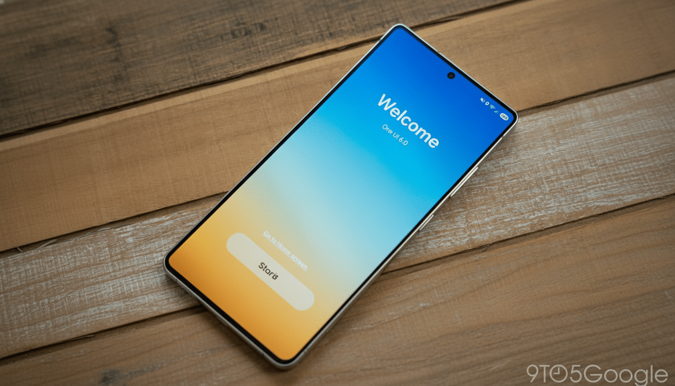 A smartphone displaying a Welcome screen with a blue and orange gradient background, lying on a wooden surface.