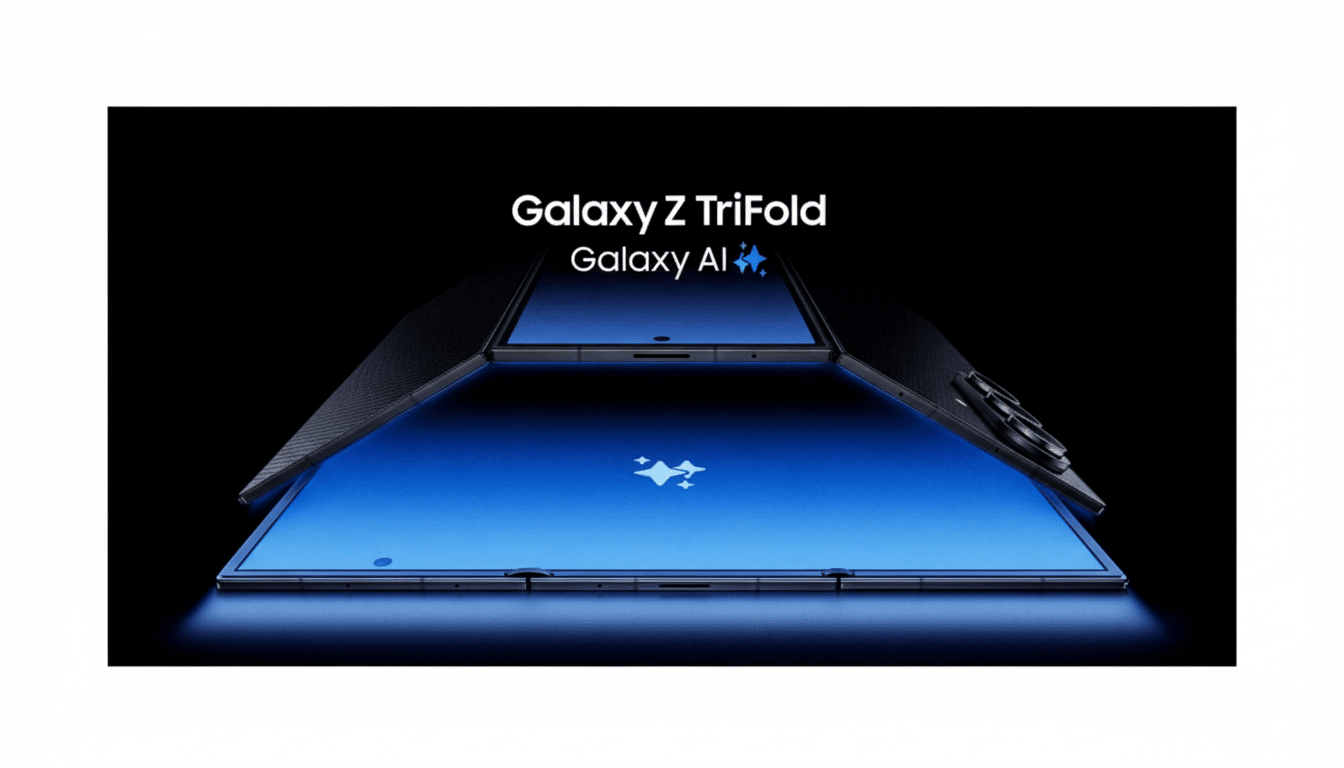 A Samsung Galaxy Z TriFold phone with a blue screen displaying the Galaxy AI logo, set against a dark background, resized to a 16:9 aspect ratio with a white border.