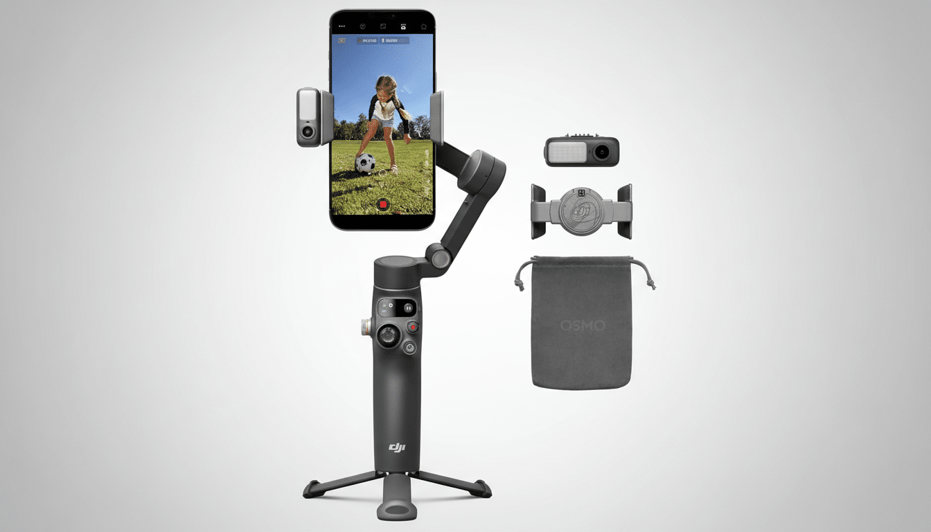 A DJI Osmo Mobile 6 gimbal with a smartphone attached, displaying a child playing soccer. Also shown are a magnetic phone clamp, a fill light, and a carrying pouch, all presented on a professional flat gray background.