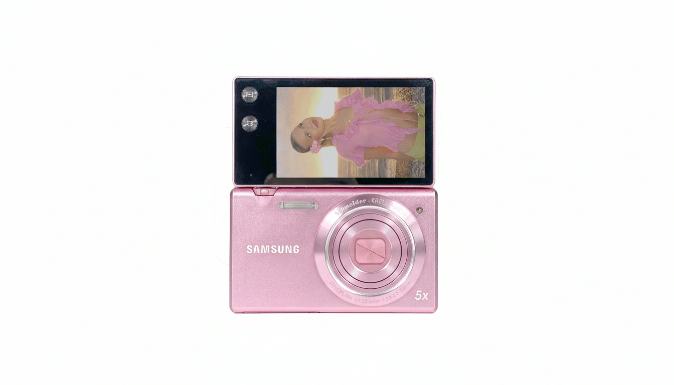A pink Samsung digital camera with its screen flipped up, displaying an image of a person in a pink top against a sunset background.