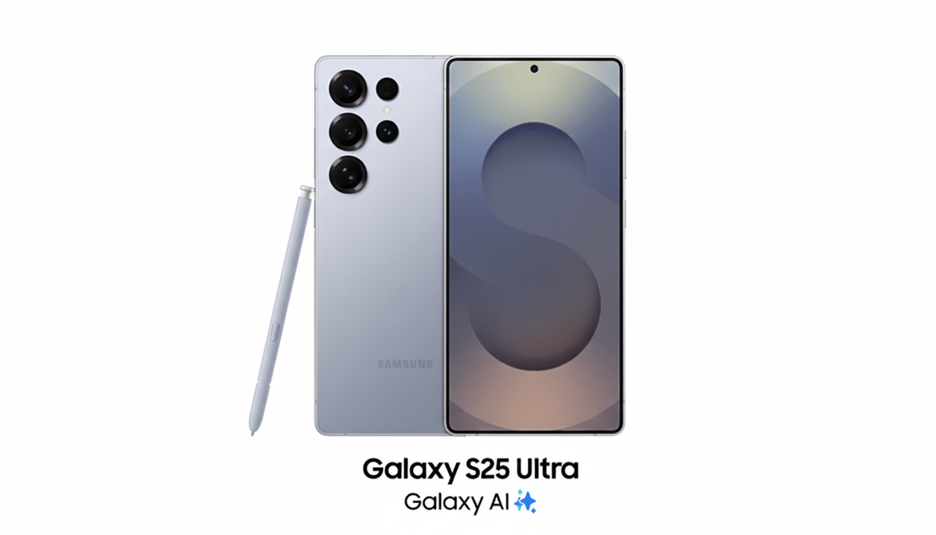 A professional image of the Samsung Galaxy S25 Ultra phone in a light purple color, shown from the front and back, with its matching S Pen stylus. The phone is centered on a clean white background, with the text Galaxy S25 Ultra and Galaxy AI ✨ below it.