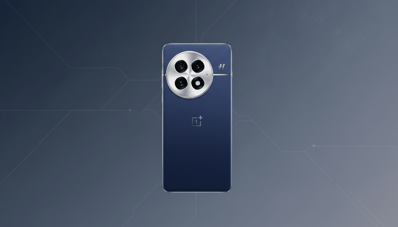 A blue smartphone with a large circular camera module featuring four lenses and a silver H logo, presented on a professional flat design background with subtle geometric patterns.