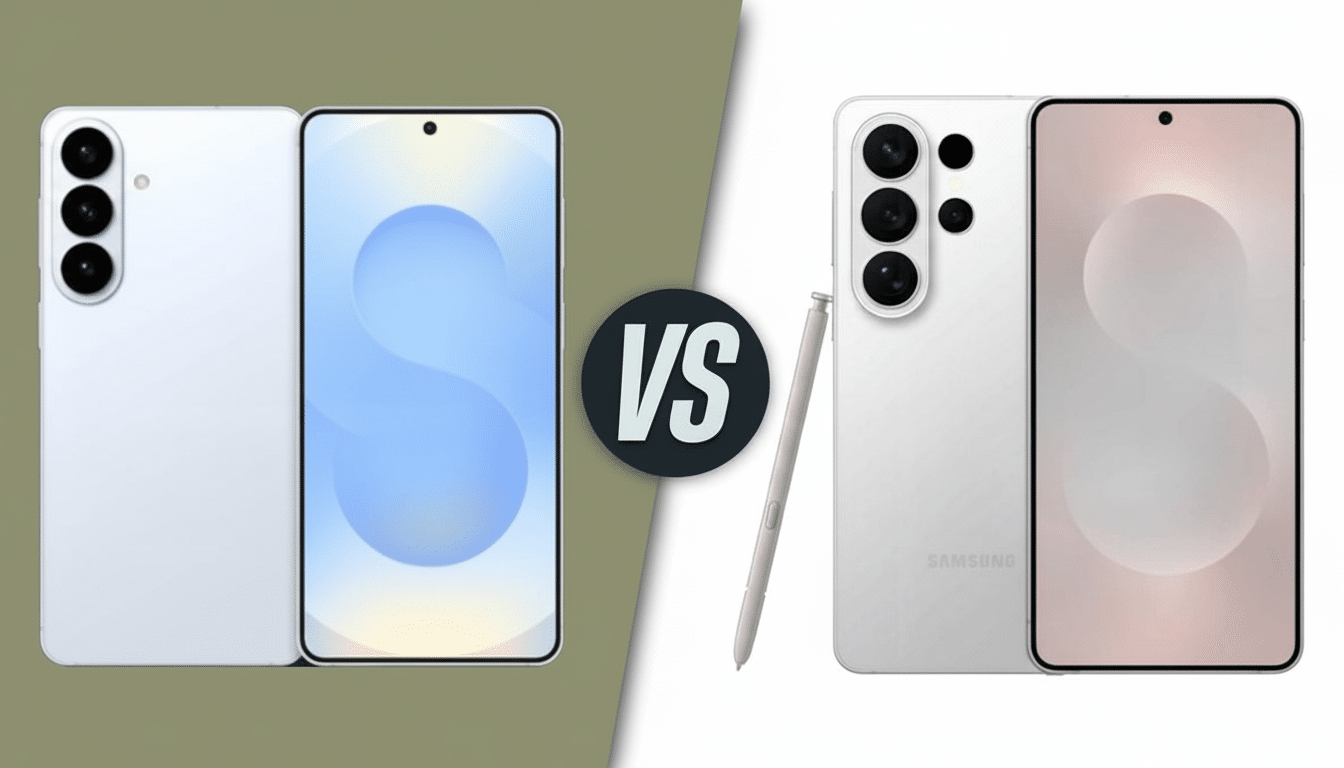 A comparison image of two white smartphones, one on the left with a blue screen and one on the right with a pink screen and a stylus, separated by a VS icon.