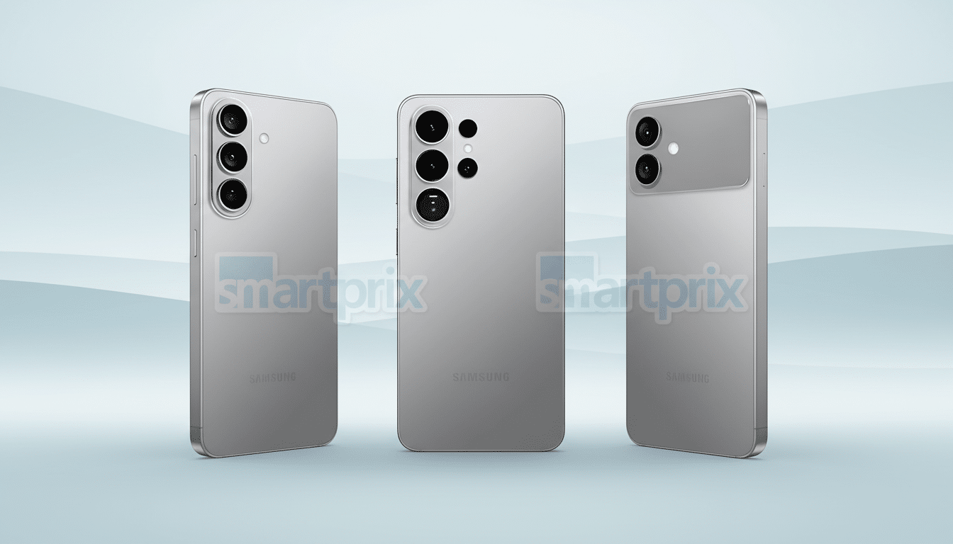 Three silver Samsung smartphones are displayed against a light blue gradient background. The phones are shown from different angles, highlighting their camera arrays and sleek design.