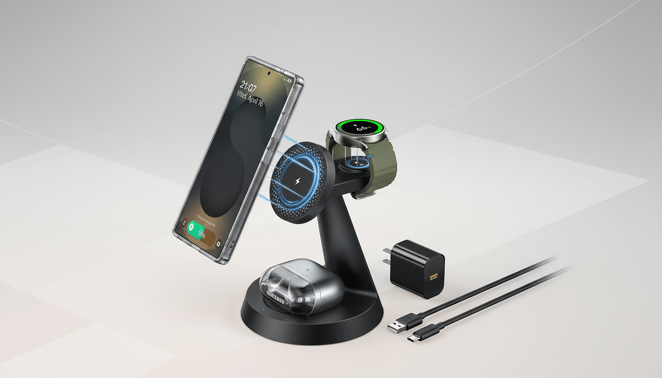 A 3-in-1 wireless charging stand for a phone, smartwatch, and earbuds, with a charging brick and cables, presented on a professional flat design background.