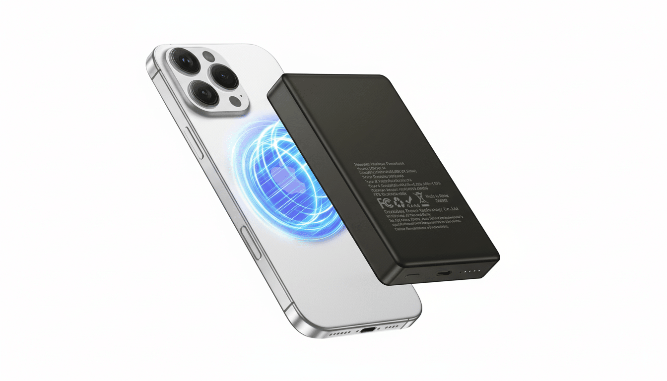 A white smartphone with a black magnetic wireless power bank attached to its back, displaying a blue wireless charging animation.