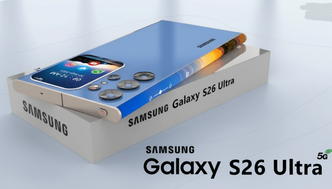 A Samsung Galaxy S26 Ultra phone, blue and gold, resting on its white packaging box.