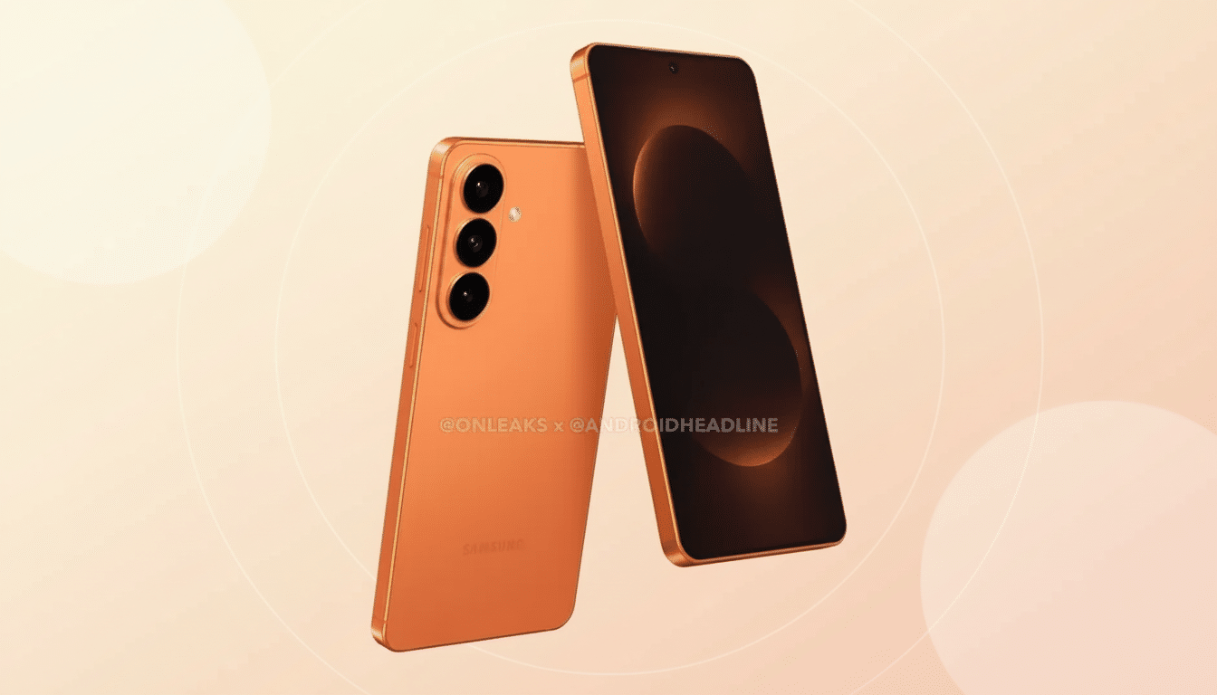 A professional image of two orange Samsung smartphones, one facing forward and one angled to show the back, set against a soft, light orange gradient background with subtle circular patterns.