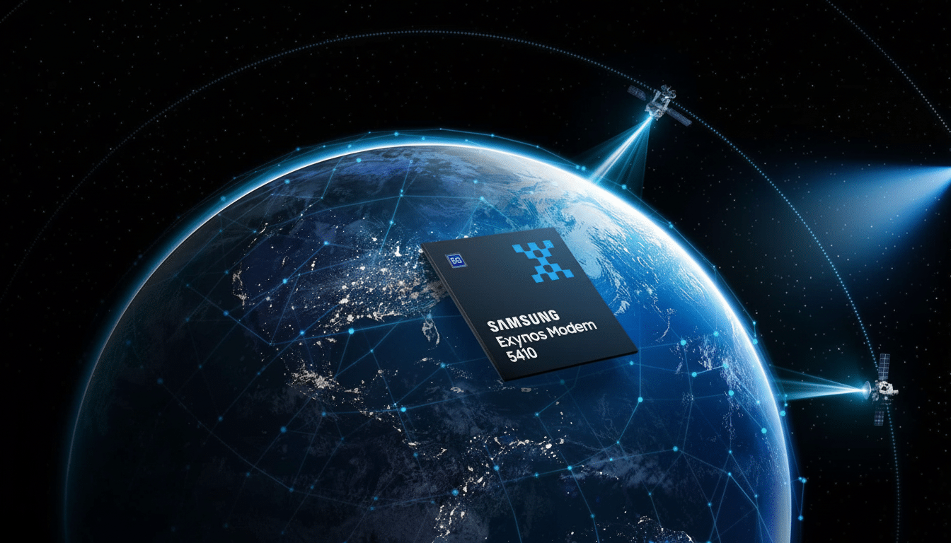 A Samsung Exynos Modem 5410 chip floating above a stylized Earth, with satellites and network lines connecting around the globe, set against a dark, starry background.