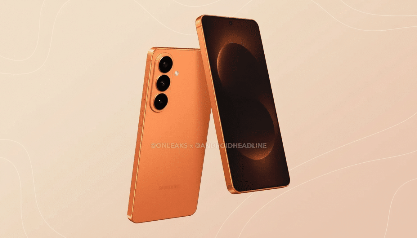 A professional image of an orange smartphone, resized to a 16:9 aspect ratio, with a soft gradient background.