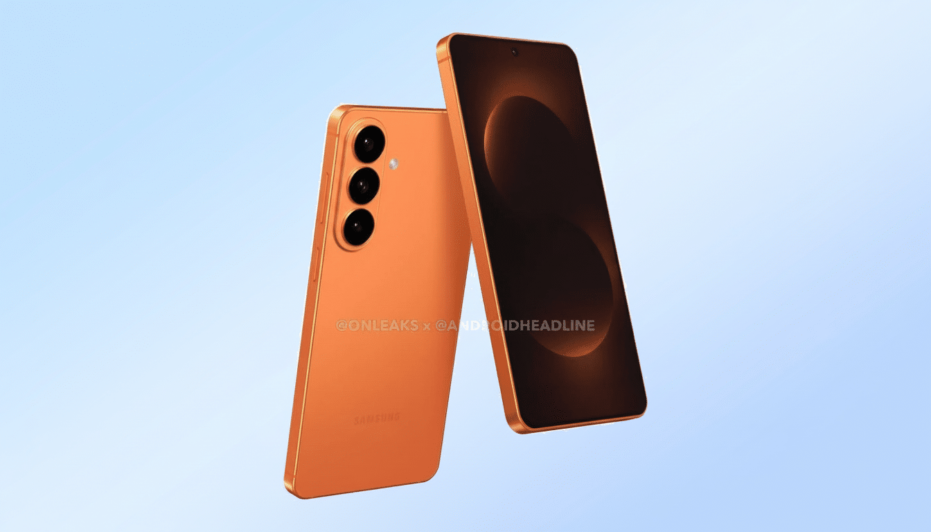 A professional image of two orange Samsung smartphones, one facing forward and one facing backward, set against a light blue background.