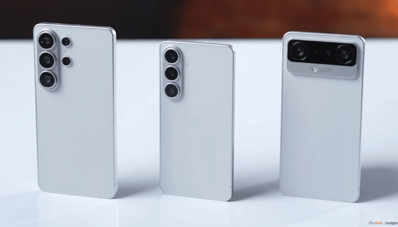 Three silver smartphones are displayed side-by-side on a white surface, with the background slightly blurred.