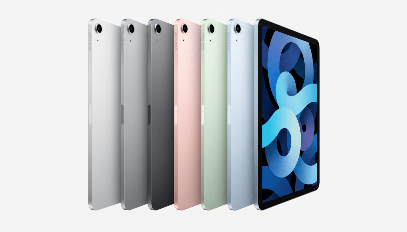 A professional, enhanced image of five iPad Air devices in various colors (silver, space gray, rose gold, green, and sky blue) arranged in a row, with the front-facing iPad displaying a blue and purple abstract wallpaper. The image is set against a clean, light gray background.