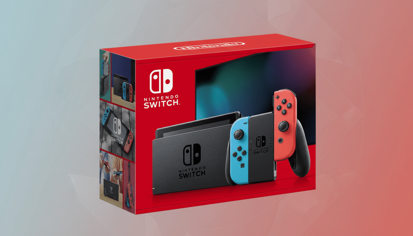 A Nintendo Switch console box with a red and blue gradient background.
