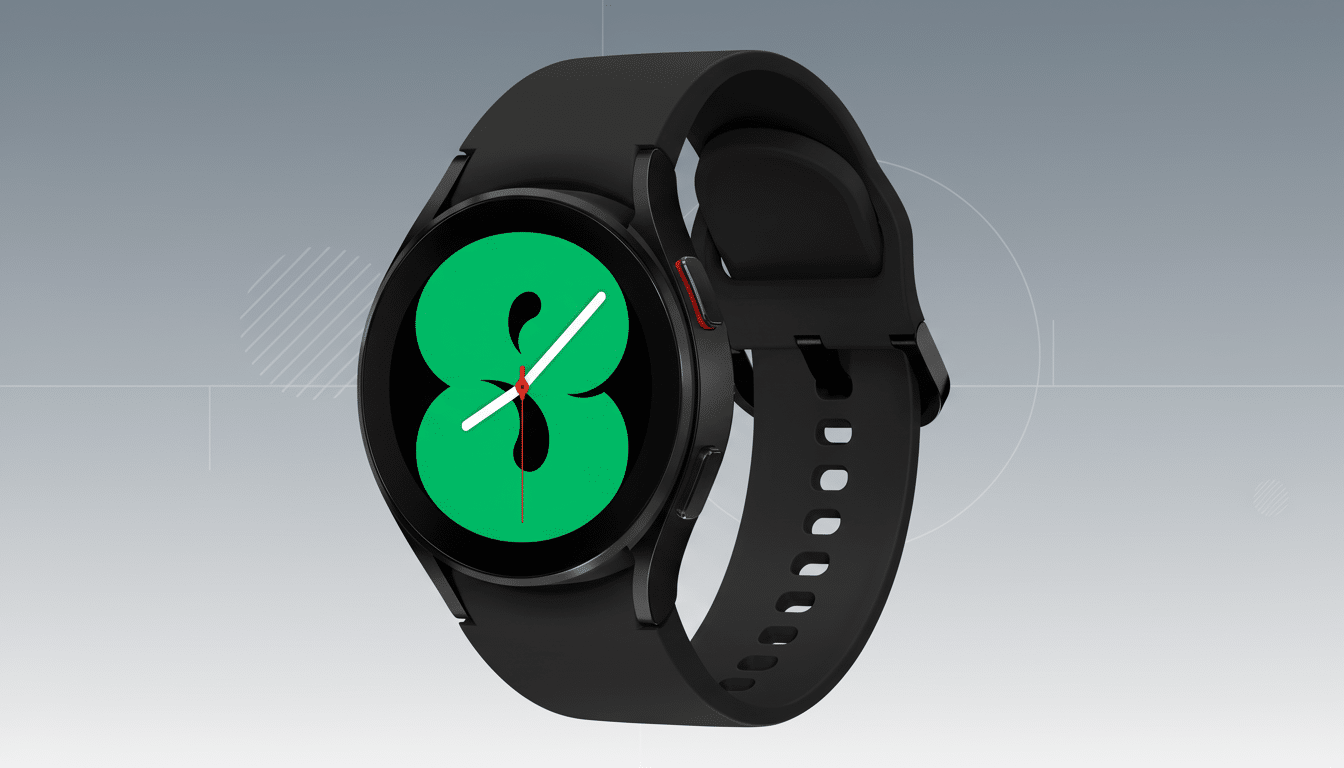 A black Samsung Galaxy Watch 4 with a green 8 on its display, presented on a professional flat gray background with subtle geometric patterns.