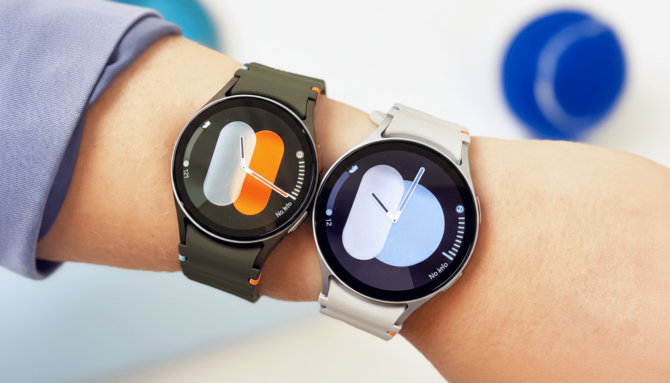 Two smartwatches, one with a dark green band and the other with a light gray band, are displayed on a persons wrist.