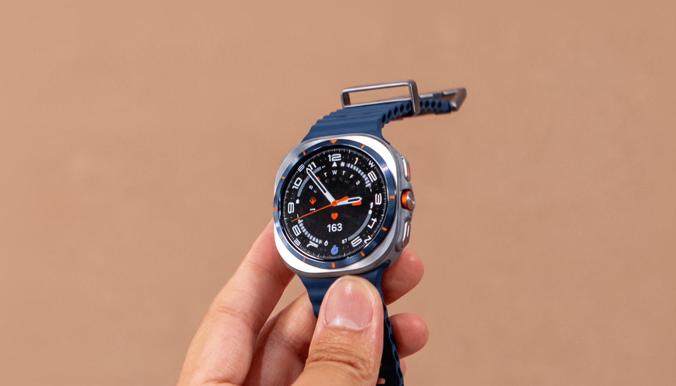 A hand holding a smartwatch with a blue band, displaying a heart rate of 163 on its screen.