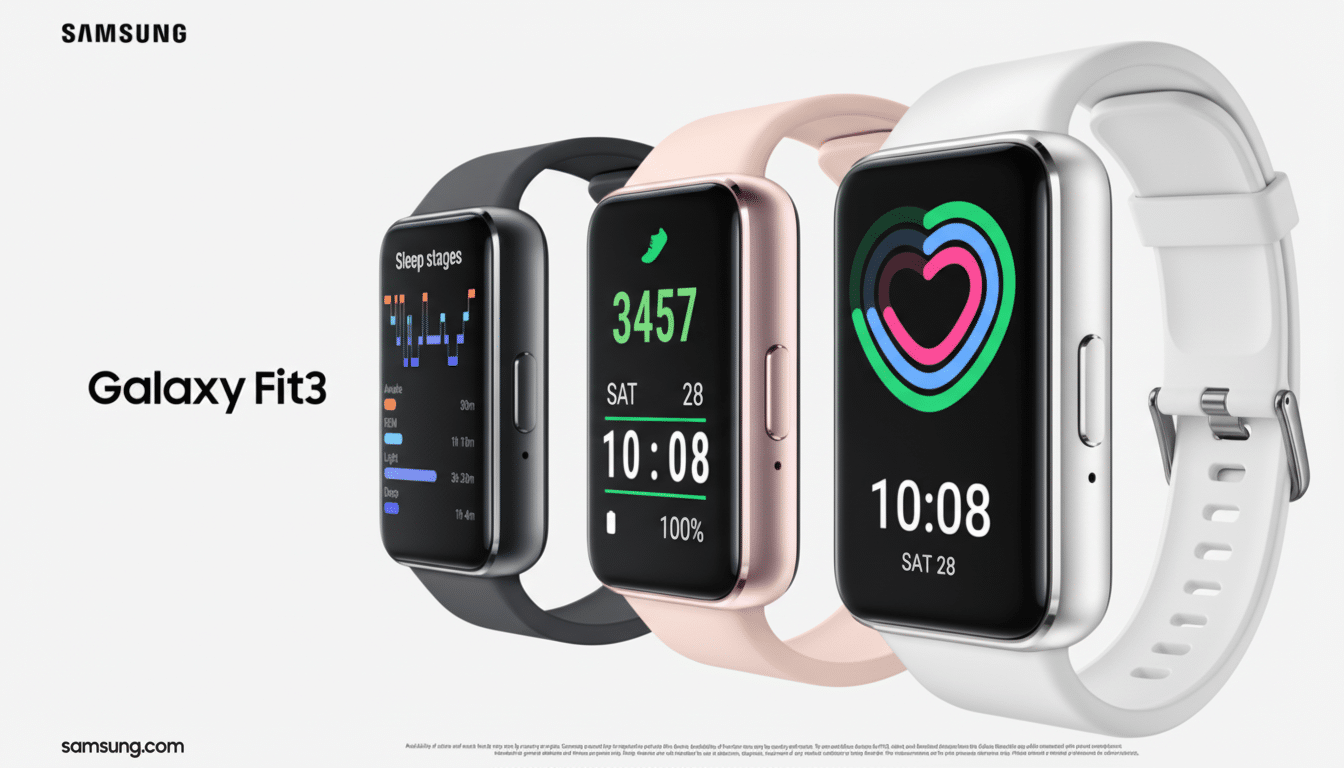 A professional image of three Samsung Galaxy Fit3 smartwatches in black, pink, and white, displayed against a clean, light gray background. The watches show various health tracking interfaces, including sleep stages, step count, and heart rate zones. The Samsung logo is in the top left corner, and Galaxy Fit3 text is on the left side.