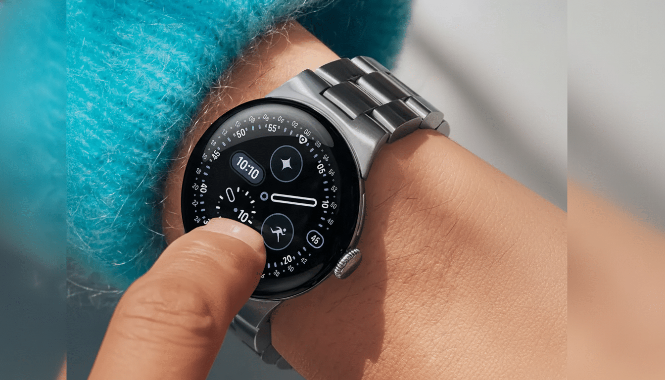 A close-up shot of a persons wrist wearing a silver smartwatch with a black face, displaying various icons and numbers. The persons finger is touching the screen.