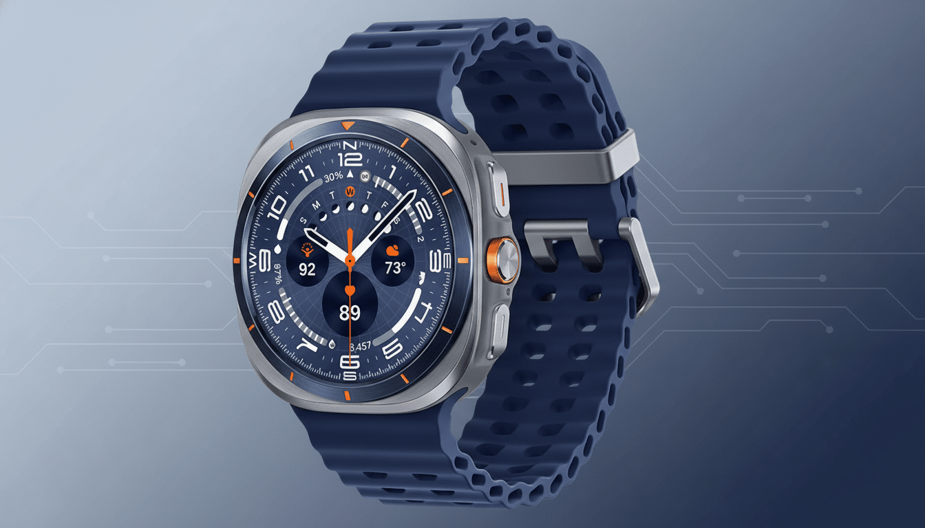 A professional image of a smartwatch with a dark blue band and a metallic silver casing, featuring a dark blue watch face displaying time, weather, and fitness data, set against a gradient blue background with subtle circuit board patterns.
