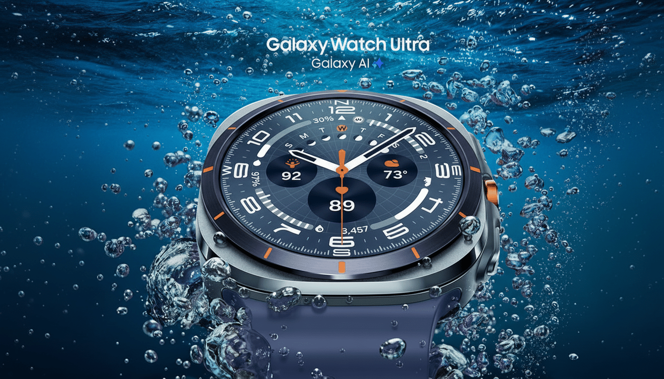 A Samsung Galaxy Watch Ultra with a dark blue strap and a digital watch face displaying various metrics, submerged in water with bubbles.